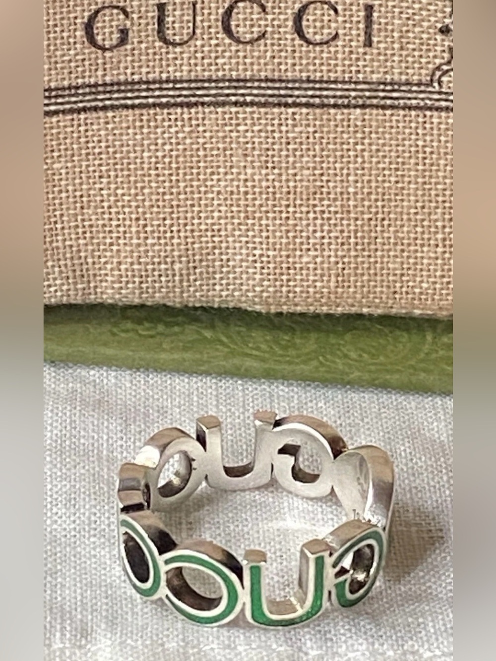 Gucci Interlocking Sterling Silver Green Enamel 9mm Ring It Sz 19 US 8.75  $360 - Picture 7 of 13
